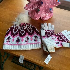 Talbots Knit Hat and Gloves Set - Pink and White, NWT
